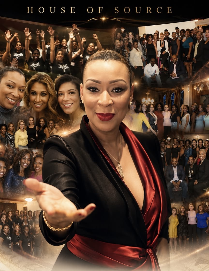 House of Source collage — Ayesha reaching out her hand, surrounded by photos of the women of the House of Source