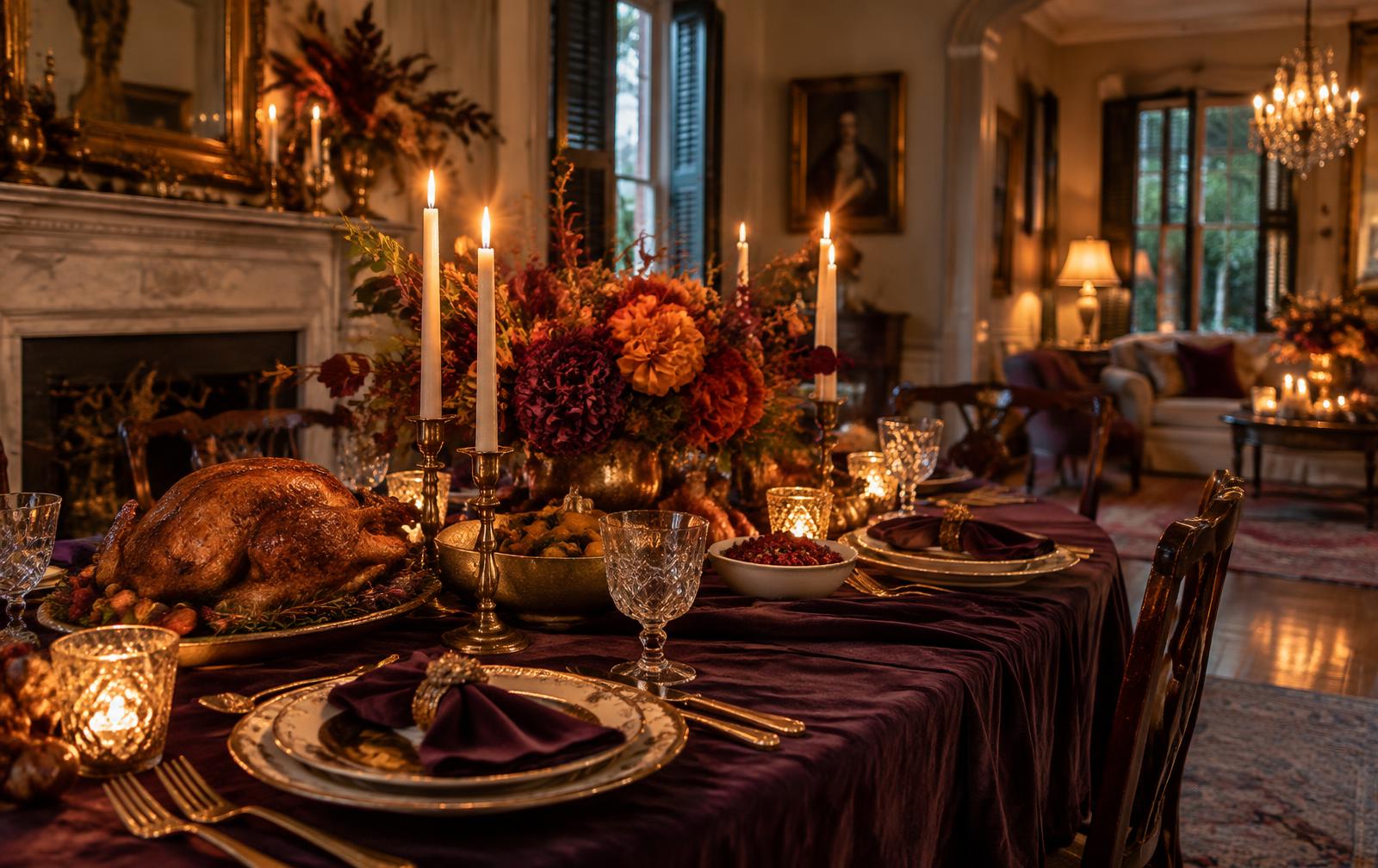A candlelit Thanksgiving table in a New Orleans home